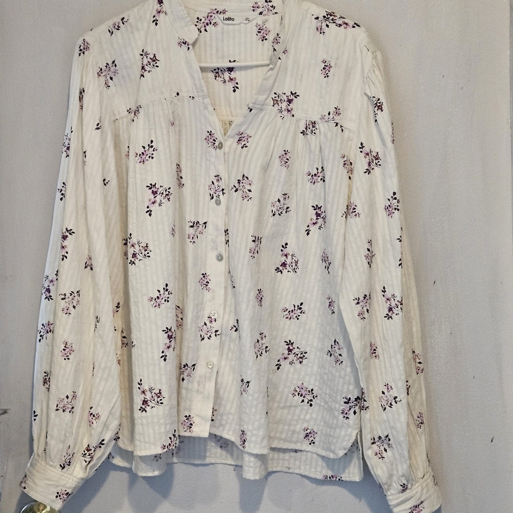 Lolita 100% Cotton Cream Floral Fairy Button Down Long Sleeve Top